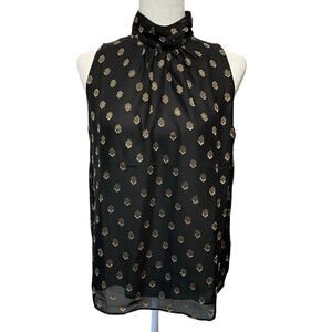 Catherine Malandrino Sleeveless Blouse Sz M Black High Neck Gold Jacquard Lined